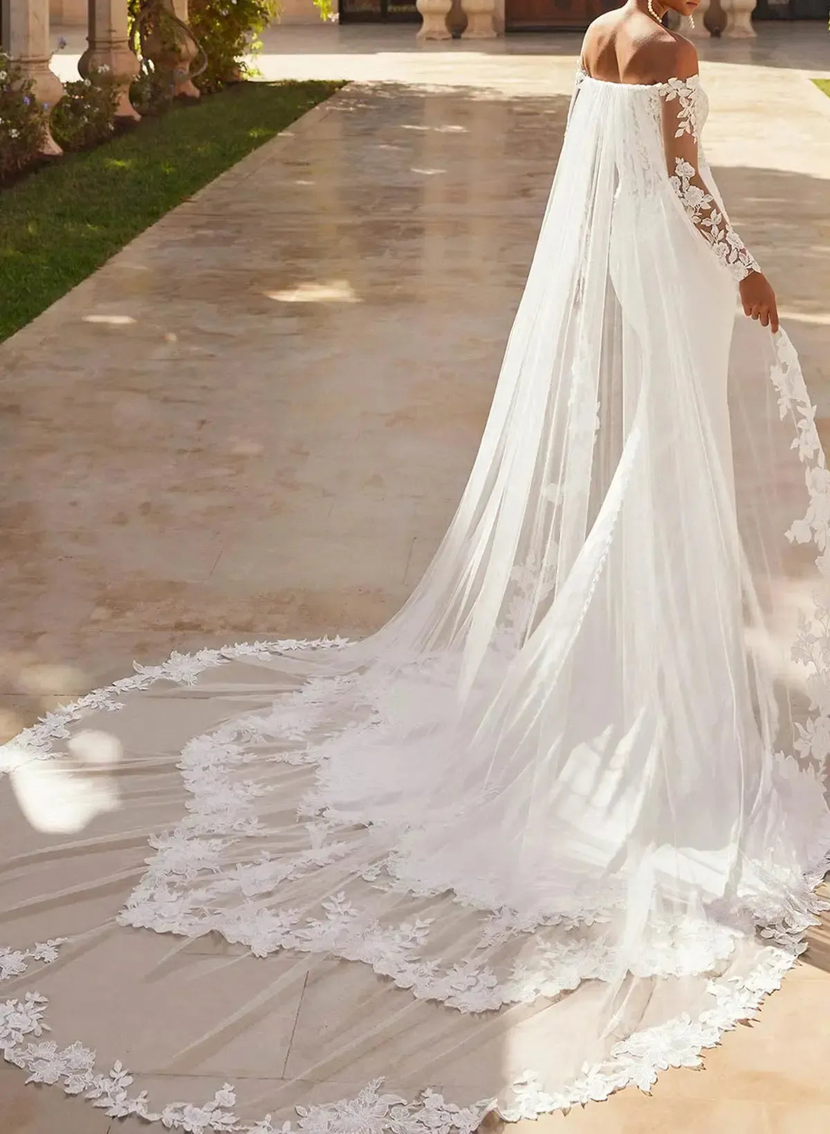 Trumpet Mermaid Off the Shoulder Long Sleeves Chapel Train Lace Satin Wedding Dress with Appliques