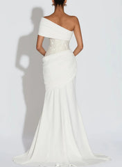 Trumpet Mermaid One Shoulder Sleeveless Sweep Train Elastic Satin Wedding Dress with Beading