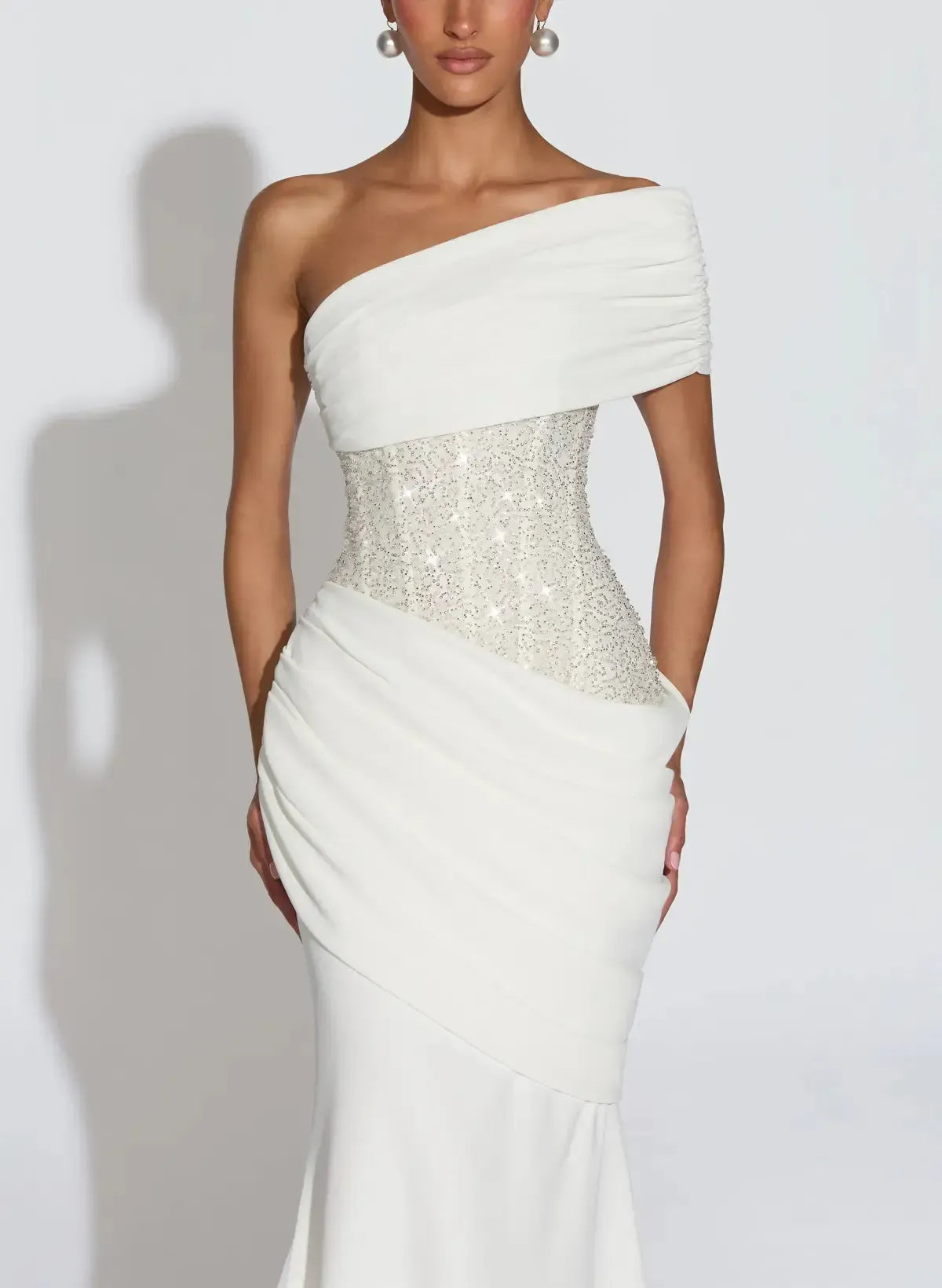 Trumpet Mermaid One Shoulder Sleeveless Sweep Train Elastic Satin Wedding Dress with Beading