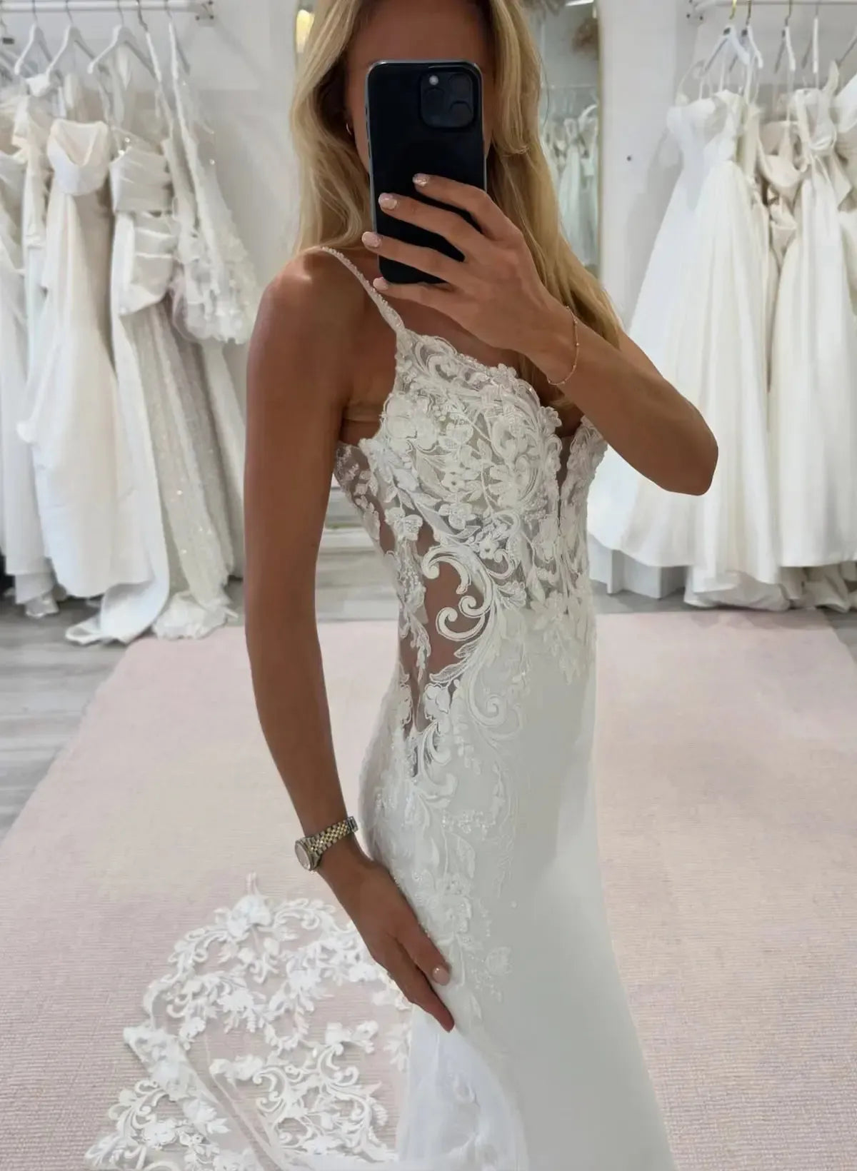 Trumpet Mermaid Plunge Neck Sleeveless Court Train Elastic Satin Wedding Dress with Appliques