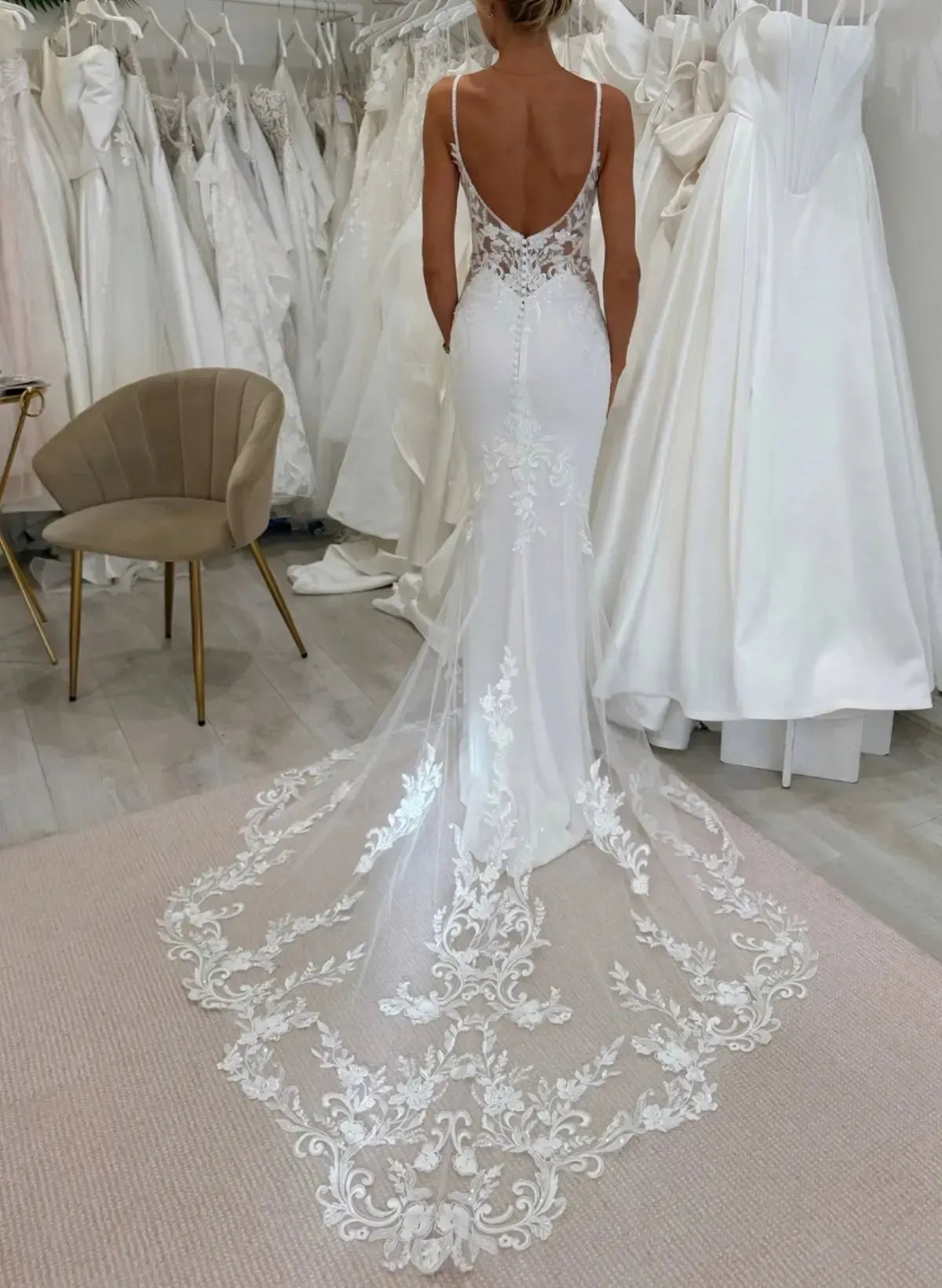 Trumpet Mermaid Plunge Neck Sleeveless Court Train Elastic Satin Wedding Dress with Appliques