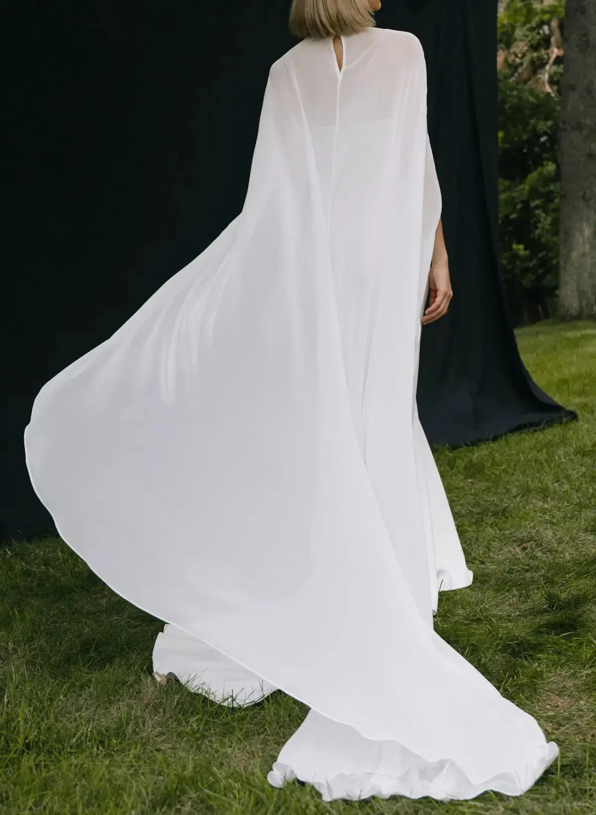 Trumpet Mermaid Scoop Neck Cape Sleeves Sweep Train Chiffon Elastic Satin Wedding Dress