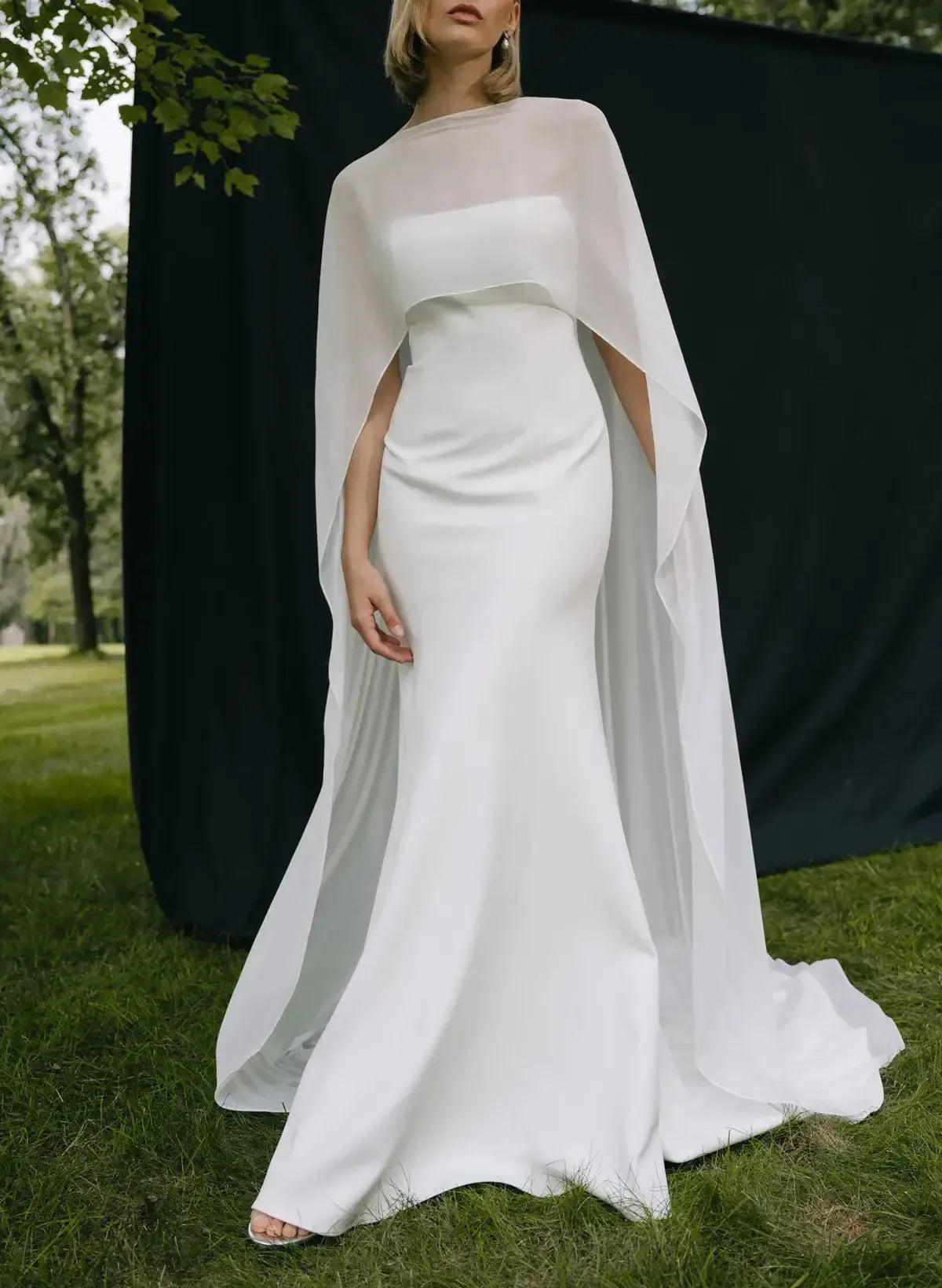 Trumpet Mermaid Scoop Neck Cape Sleeves Sweep Train Chiffon Elastic Satin Wedding Dress