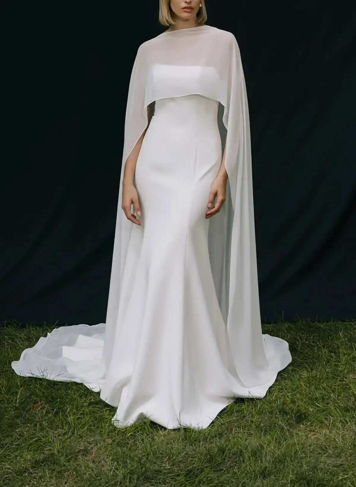 Trumpet Mermaid Scoop Neck Cape Sleeves Sweep Train Chiffon Elastic Satin Wedding Dress