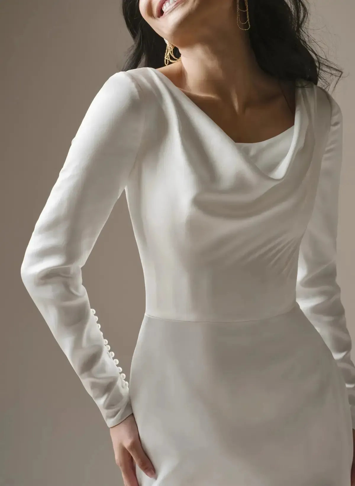 Trumpet Mermaid Scoop Neck Long Sleeves Court Train Crepe Satin Wedding Dress with Beading