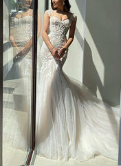 Trumpet Mermaid Sweetheart Sleeveless Lace Tulle Wedding Dress