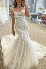 Trumpet Mermaid Sweetheart Sleeveless Lace Tulle Wedding Dress