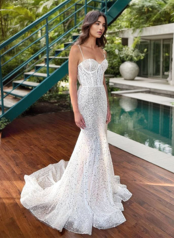 Trumpet Mermaid Sweetheart Sleeveless Sequined Wedding Dress