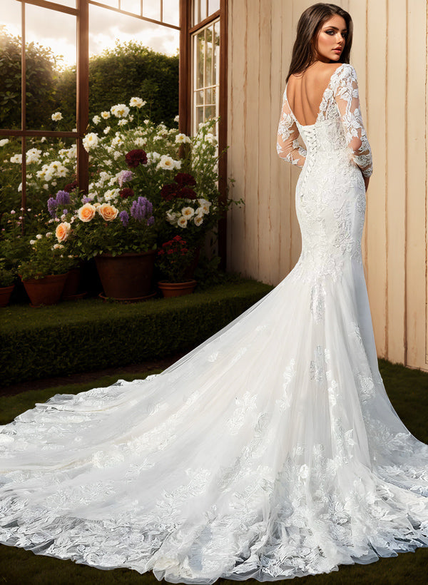 Trumpet/Mermaid V Neck Long Sleeves Sweep Train Lace Wedding Dress