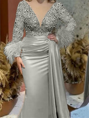 Trumpet/Mermaid V-Neck Satin Mother of the Bride Gown with Feather Glitter and Ruched Long Sleeves
