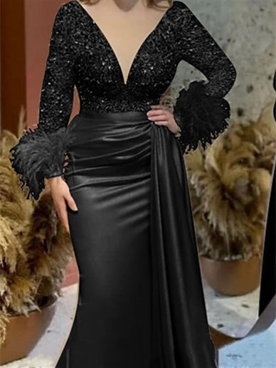 Trumpet/Mermaid V-Neck Satin Mother of the Bride Gown with Feather Glitter and Ruched Long Sleeves