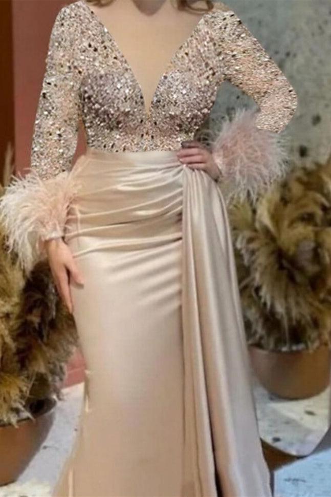 Trumpet/Mermaid V-Neck Satin Mother of the Bride Gown with Feather Glitter and Ruched Long Sleeves