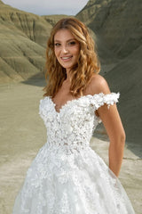 Tulle A Line Wedding Dress with 3D Floral Lace and Off Shoulder Sleeves