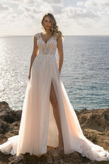 Tulle A Line Wedding Dress with Lace Cap Sleeves and Side Slit