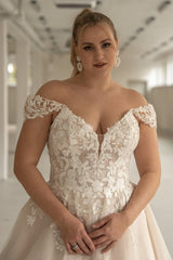 Tulle A Line Wedding Dress with Off Shoulder Lace Sleeves