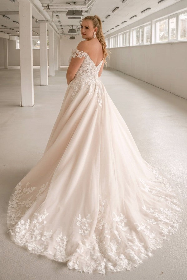 Tulle A Line Wedding Dress with Off Shoulder Lace Sleeves