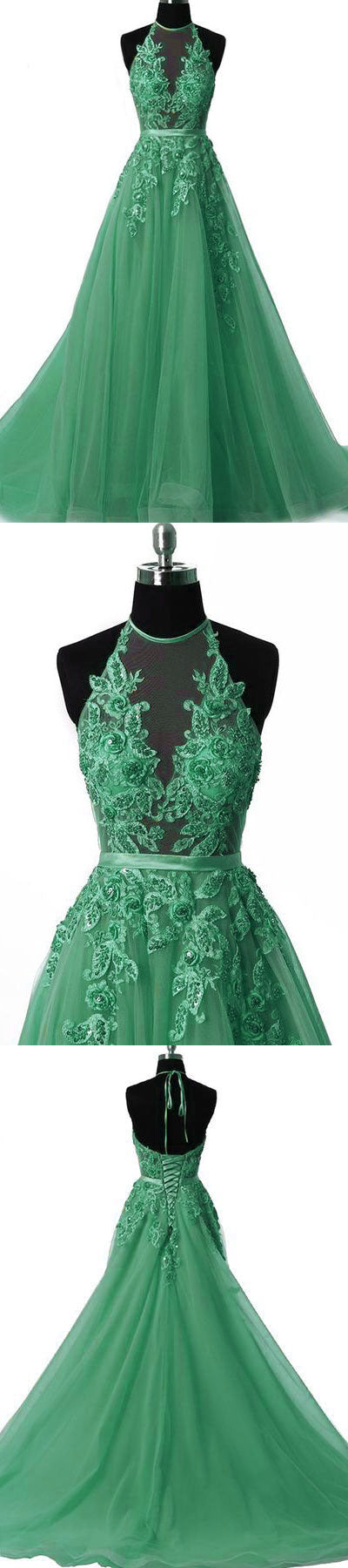 Tulle Lace Appliques Green Prom Dress Long Formal Evening Dress
