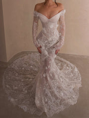 Tulle Mermaid Wedding Dress with Off-the-Shoulder Long Sleeves and Beading