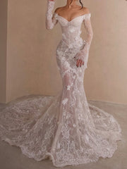 Tulle Mermaid Wedding Dress with Off-the-Shoulder Long Sleeves and Beading