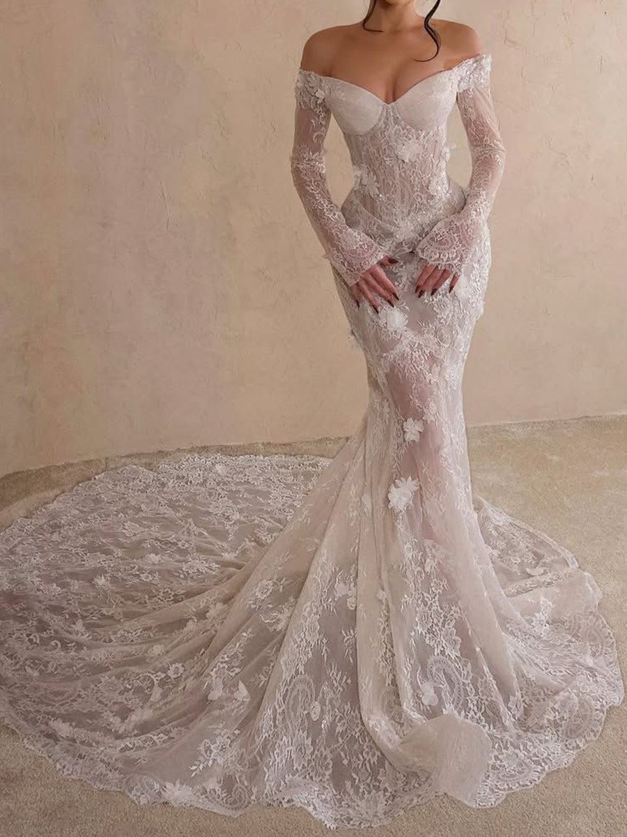 Tulle Mermaid Wedding Dress with Off-the-Shoulder Long Sleeves and Beading