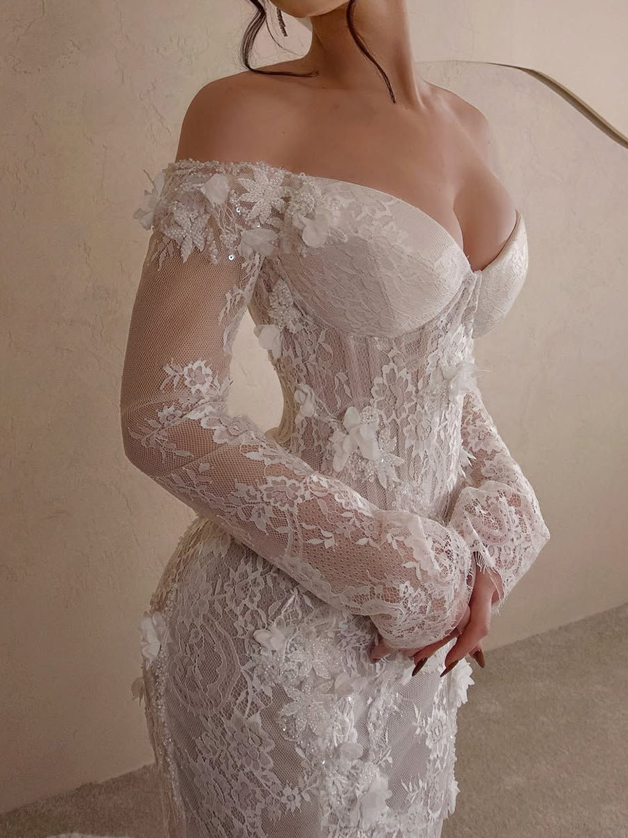 Tulle Mermaid Wedding Dress with Off-the-Shoulder Long Sleeves and Beading