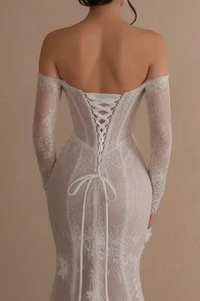 Tulle Mermaid Wedding Dress with Off-the-Shoulder Long Sleeves and Beading
