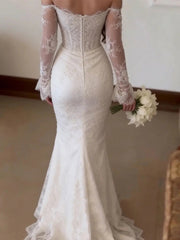 Tulle Mermaid Wedding Dress with Off-the-Shoulder Long Sleeves and Lace Appliques