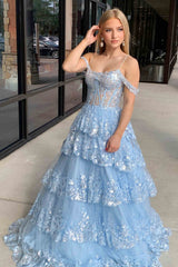 Tulle Prom Dress Sequin Off the shoulder Ruffle Tiered Long Evening Dress