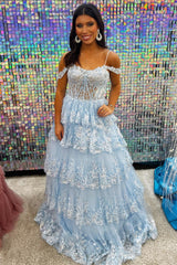 Tulle Prom Dress Sequin Off the shoulder Ruffle Tiered Long Evening Dress