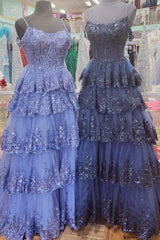 Tulle Prom Dress Sequin Off the shoulder Ruffle Tiered Long Evening Dress