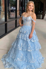 Tulle Prom Dress Sequin Off the shoulder Ruffle Tiered Long Evening Dress