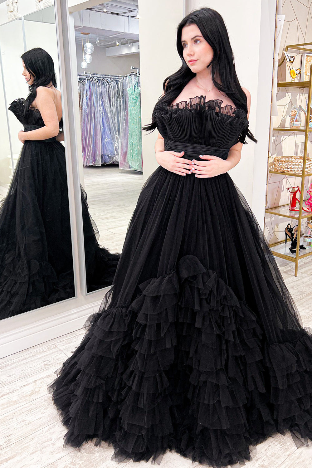 Tulle Strapless Ivory Prom Dress Long Evening Dress