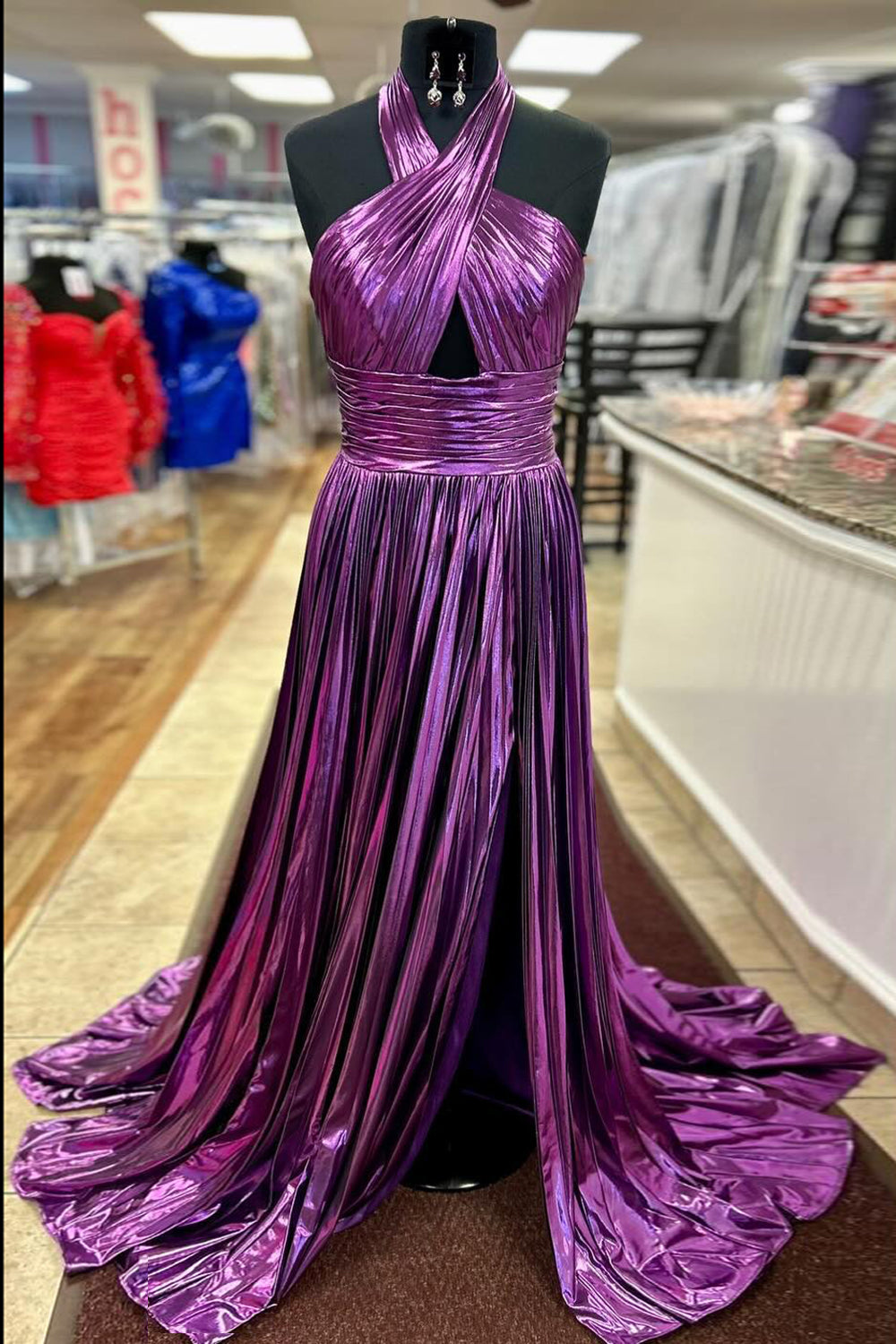 Turquoise Halter Prom Dress Cut Out Backless Metallic Long Evening Dress with Slit