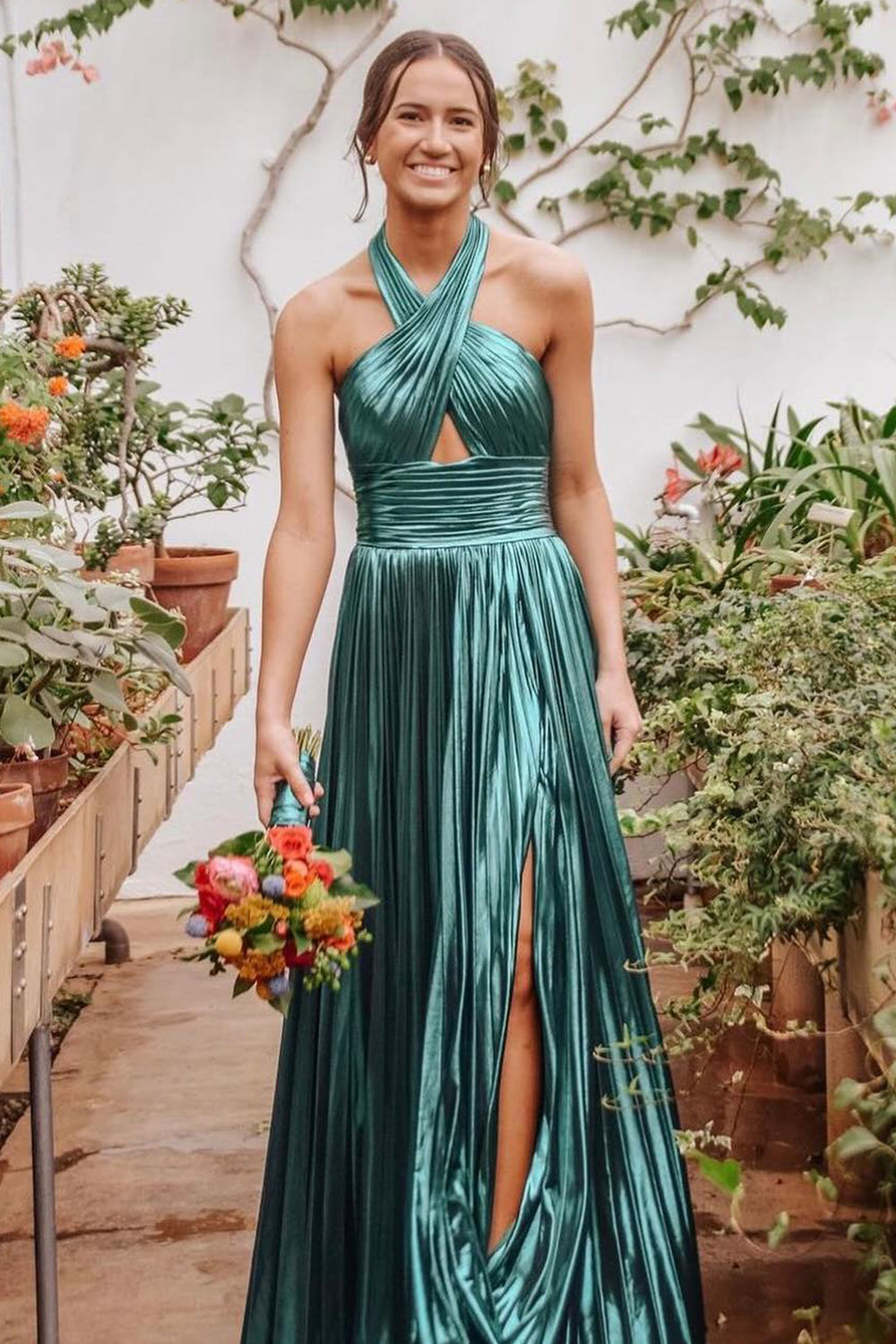 Turquoise Halter Prom Dress Cut Out Backless Metallic Long Evening Dress with Slit