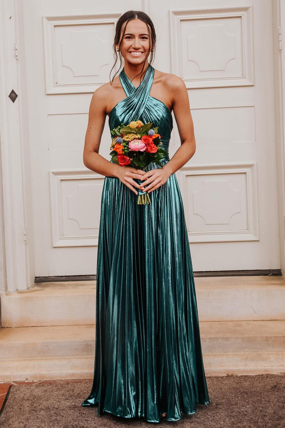 Turquoise Halter Prom Dress Cut Out Backless Metallic Long Evening Dress with Slit