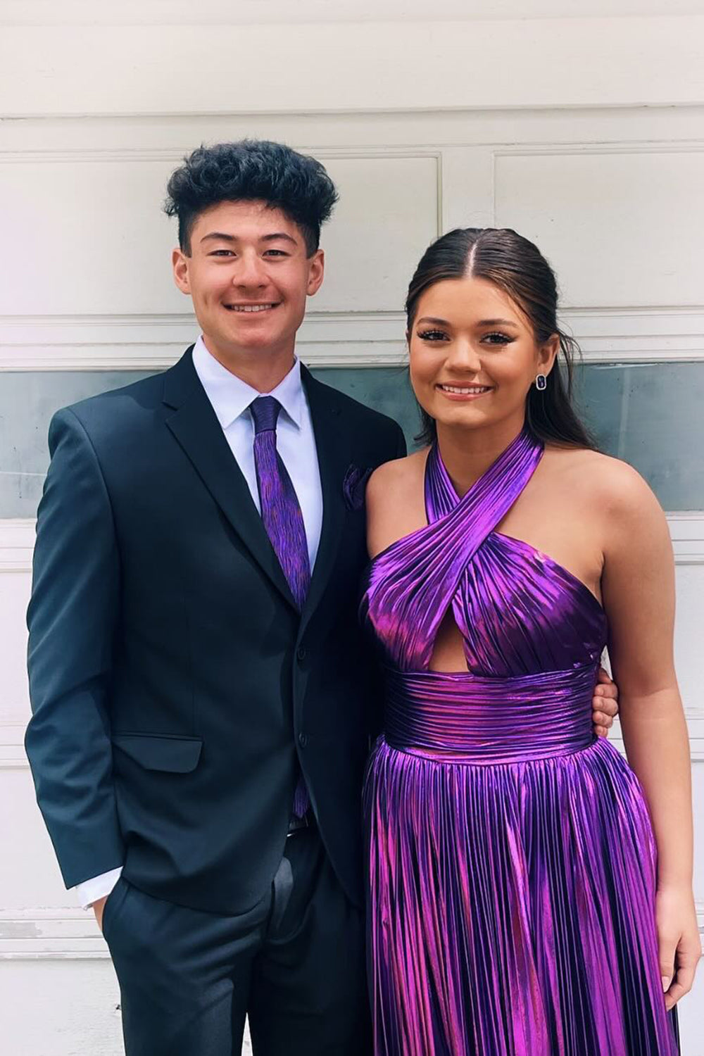 Turquoise Halter Prom Dress Cut Out Backless Metallic Long Evening Dress with Slit