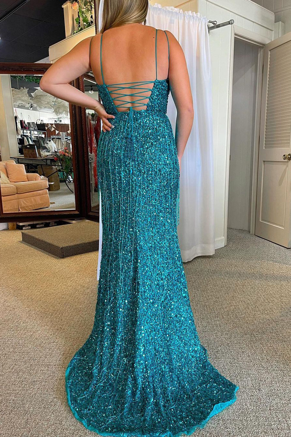 Turquoise Prom Dress Mermaid Sequined Long Evening Dress with Fringes