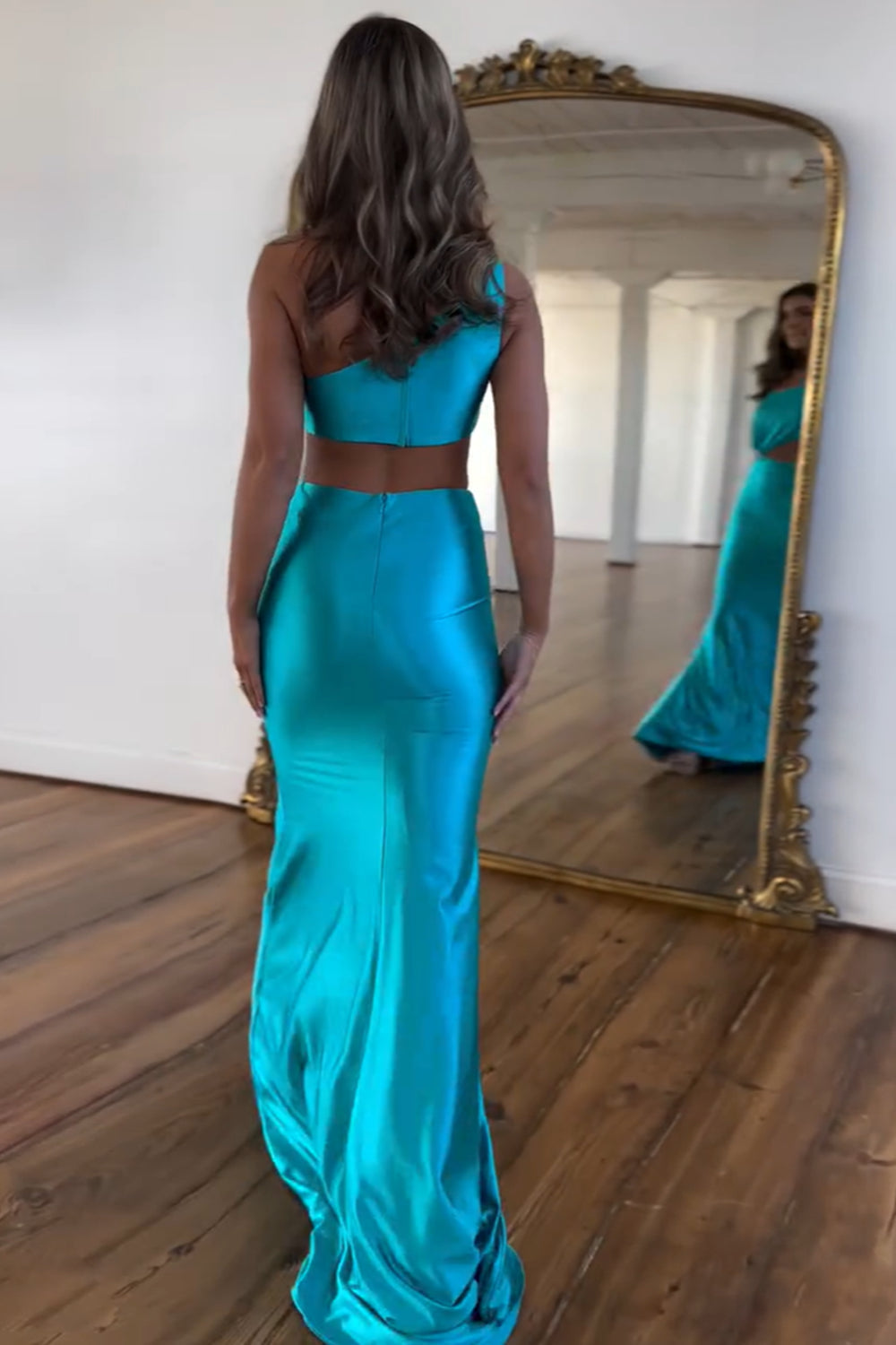 Turquoise Prom Dress One Shoulder Mermaid Satin Long Evening Dress