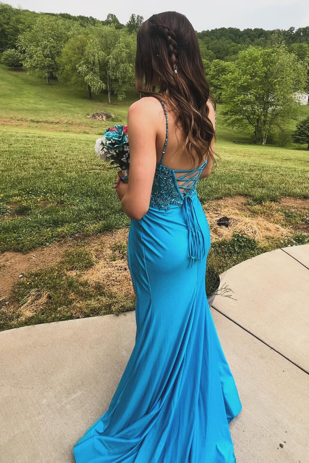 Turquoise Prom Dress Spaghetti Straps Mermaid Long Corset Evening Dress with Slit