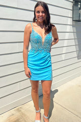 Turquoise Tight Homecoming Dresses Spaghetti Straps Short Cocktail Dresses With Lace