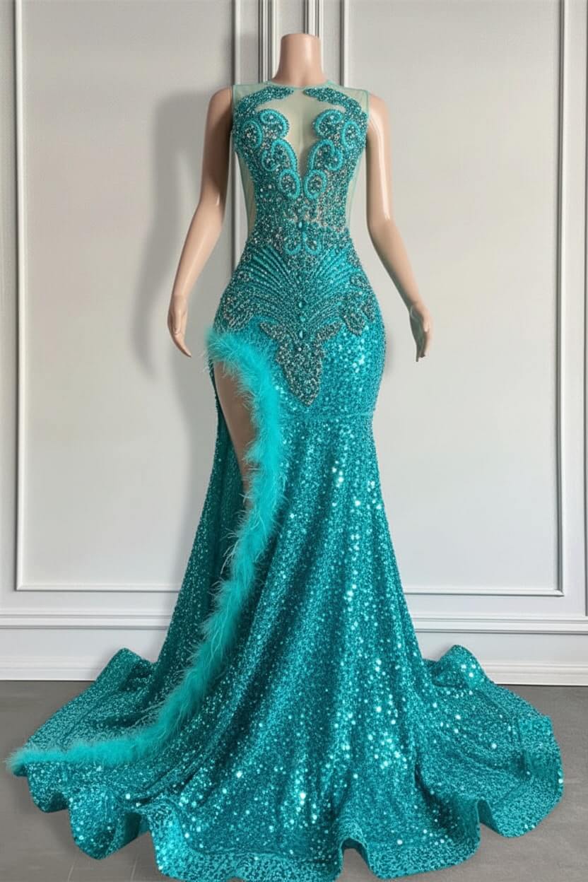 Mermaid Orange Sequined Formal Dress Lace Sleeveless Prom Dress with Feathers