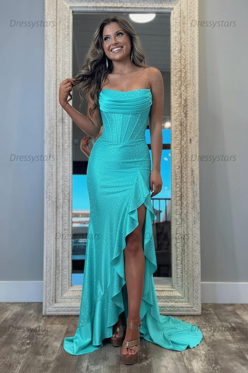 Orange Prom Dress Strapless Corset Long Evening Dress with Slit