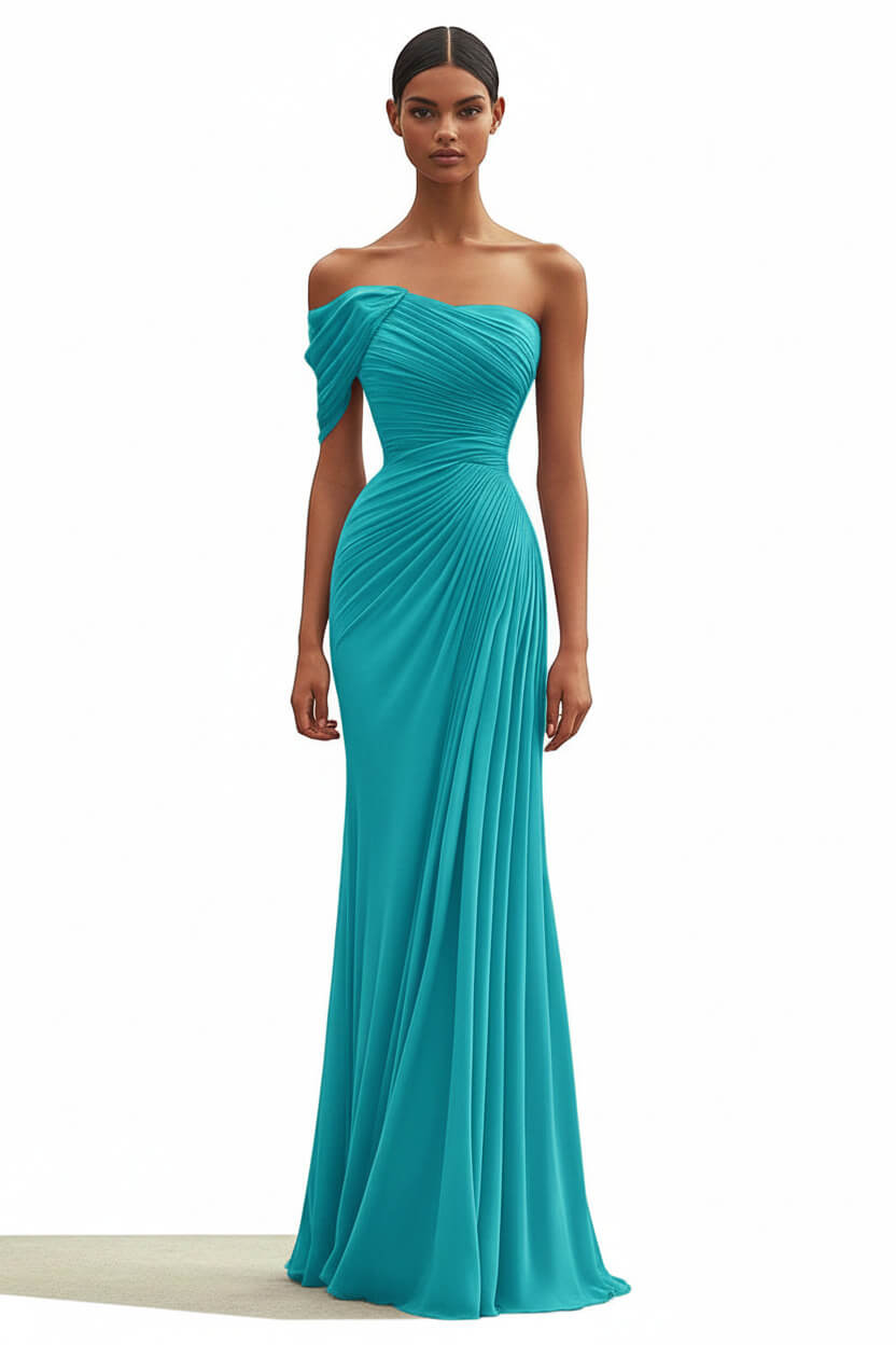 Dressystars One Shoulder Ruched Mermaid Dark Green Wedding Guest Dress Long Formal Dress