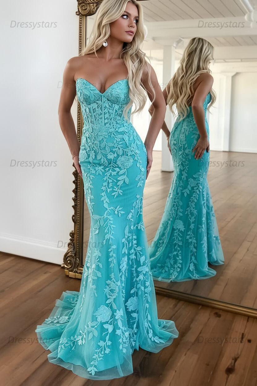 Lilac Prom Dress Corset Sweetheart Lace Mermaid Evening Formal Gown