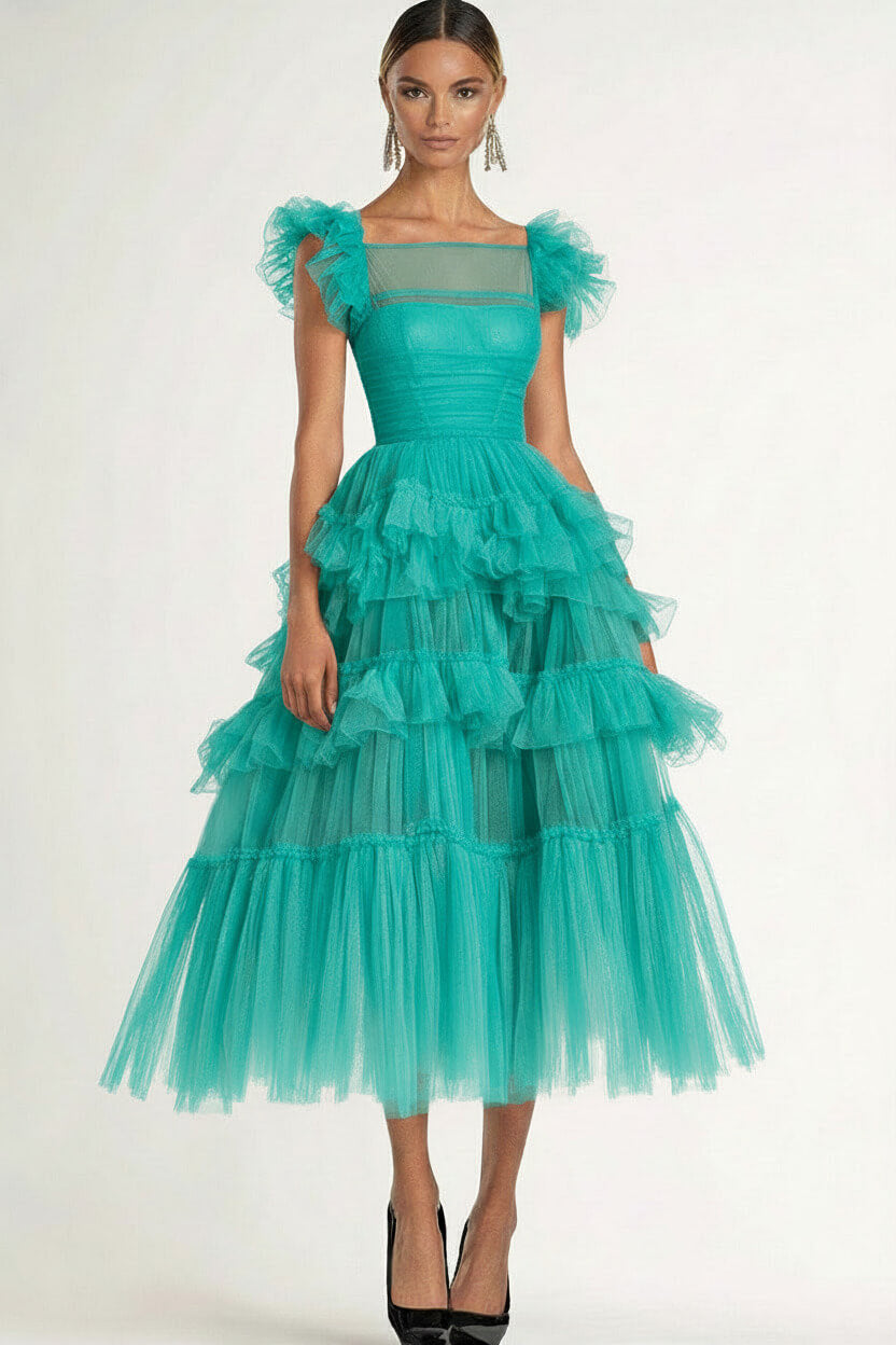 Dressystars Tea Length Black Wedding Guest Dress A-Line Flatter Sleeves Tulle Formal Dress With Ruffles