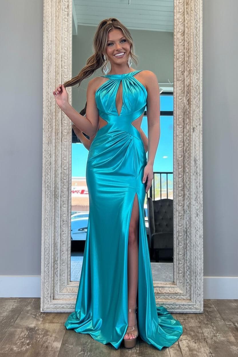 Fuchsia Metallic Mermaid Prom Dress With Slit And Open Back Formal Evening Gown