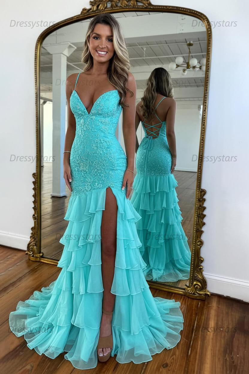 Dressystars Yellow Mermaid Spaghetti Straps Lace Up Long Prom Dress With Ruffle Skirt Formal Evening Gown
