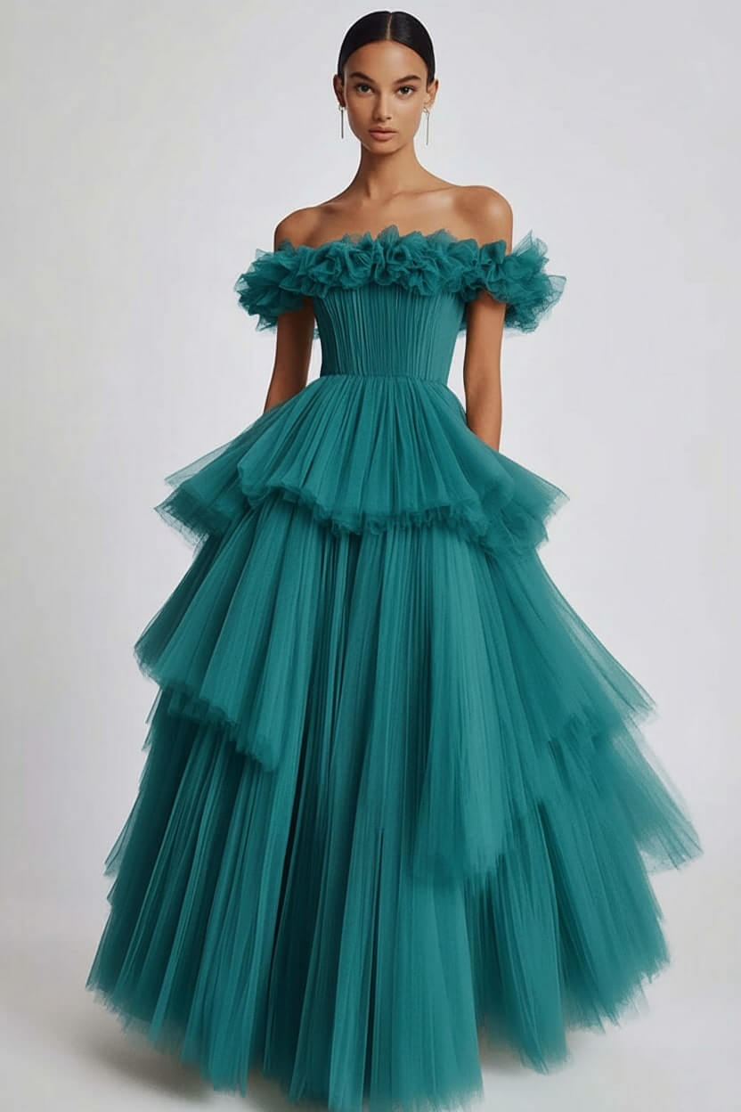Dusty Sage Formal Dress Tulle Off The Shoulder Ball Gown Wedding Guest Dress With Ruffles
