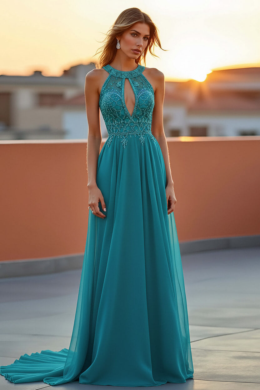 Dressystars Beaded Navy Wedding Guest Dress Halter Long Formal Dress With Embroideries