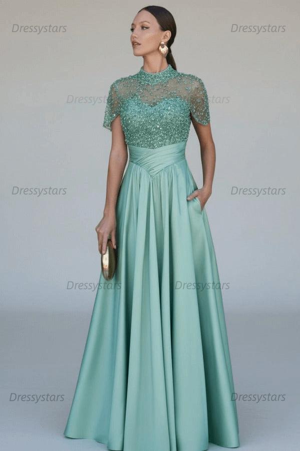 Green A Line Prom Dress Short Sleeve High Neck Formal Dress With Beadings and Rhinestones